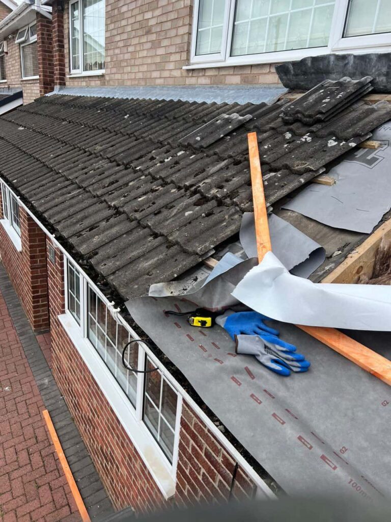 This is a photo of a pitched roof which is being repaired. The existing roof was leaking badly. Works carried out by Gainsborough Roofing Repairs